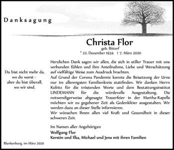 Traueranzeige von Christa Flor (geb. Bittorf )  von Magdeburger Volksstimme