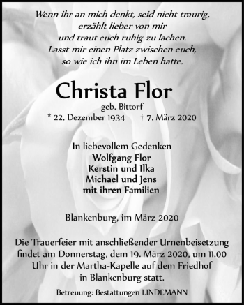 Traueranzeige von Christa Flor (geb. Bittorf)  von Magdeburger Volksstimme