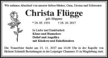 Traueranzeige von Christa Flügge (geb. Höppner)  von Magdeburger Volksstimme