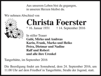 Traueranzeige von Christa Foerster  von Magdeburger Volksstimme