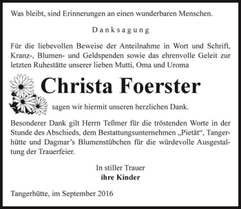 Traueranzeige von Christa Foerster  von Magdeburger Volksstimme