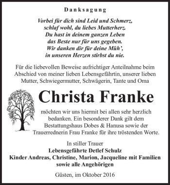 Traueranzeige von Christa Franke  von Magdeburger Volksstimme