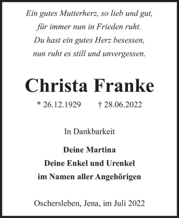 Traueranzeige von Christa Franke  von Magdeburger Volksstimme