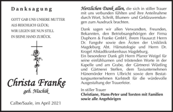 Traueranzeige von Christa Franke (geb. Nischik)  von Magdeburger Volksstimme