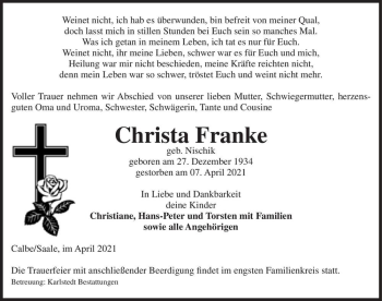 Traueranzeige von Christa Franke (geb. Nischik)  von Magdeburger Volksstimme