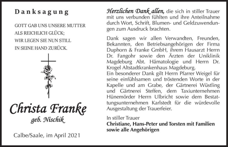  Traueranzeige für Christa Franke (geb. Nischik)  vom 30.04.2021 aus Magdeburger Volksstimme