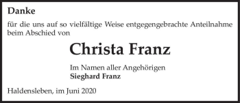 Traueranzeige von Christa Franz  von Magdeburger Volksstimme