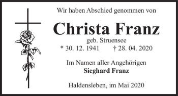 Traueranzeige von Christa Franz (geb. Struensee)  von Magdeburger Volksstimme