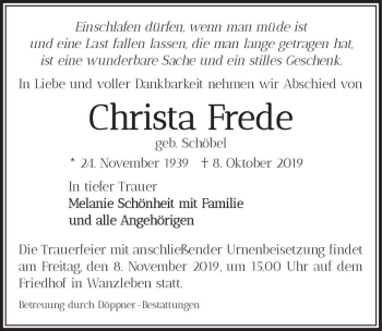 Traueranzeige von Christa Frede (geb. Schöbel)  von Magdeburger Volksstimme