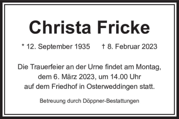 Traueranzeige von Christa Fricke  von Magdeburger Volksstimme