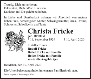 Traueranzeige von Christa Fricke (geb. Bloßfeld)  von Magdeburger Volksstimme