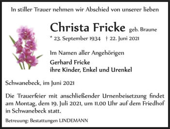 Traueranzeige von Christa Fricke (geb. Braune)  von Magdeburger Volksstimme