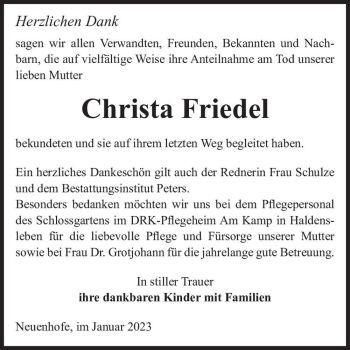 Traueranzeige von Christa Friedel  von Magdeburger Volksstimme