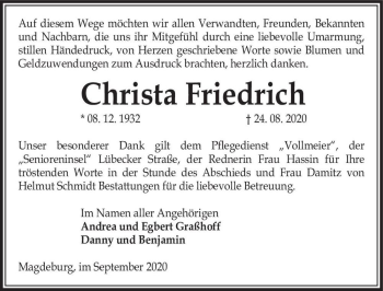 Traueranzeige von Christa Friedrich  von Magdeburger Volksstimme