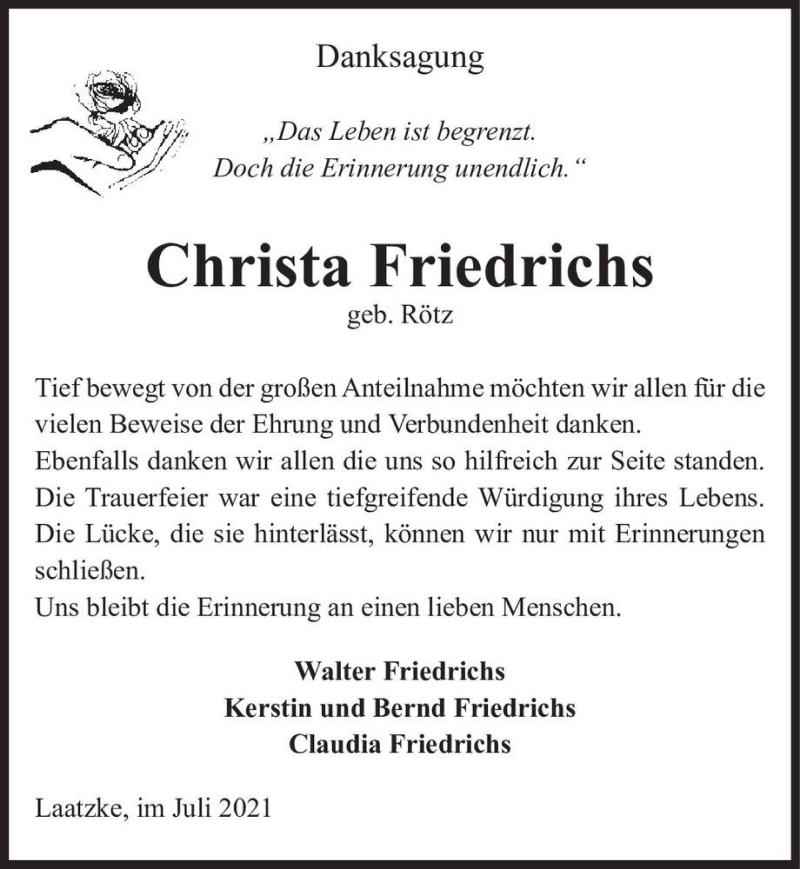  Traueranzeige für Christa Friedrichs (geb. Rötz)  vom 10.07.2021 aus Magdeburger Volksstimme