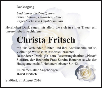 Traueranzeige von Christa Fritsch  von Magdeburger Volksstimme