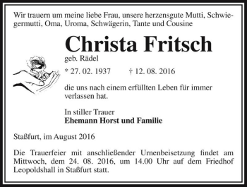 Traueranzeige von Christa Fritsch (geb. Rädel)  von Magdeburger Volksstimme