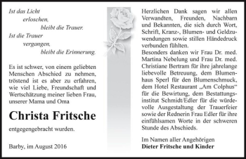 Traueranzeige von Christa Fritsche  von Magdeburger Volksstimme