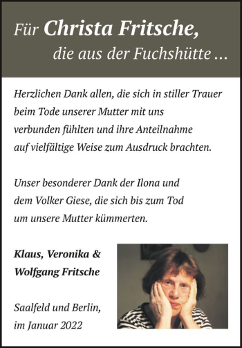 Traueranzeige von Christa Fritsche  von Magdeburger Volksstimme