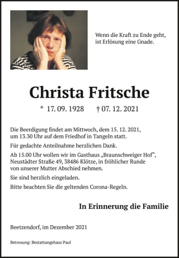 Traueranzeige von Christa Fritsche  von Magdeburger Volksstimme