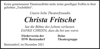 Traueranzeige von Christa Fritsche  von Magdeburger Volksstimme