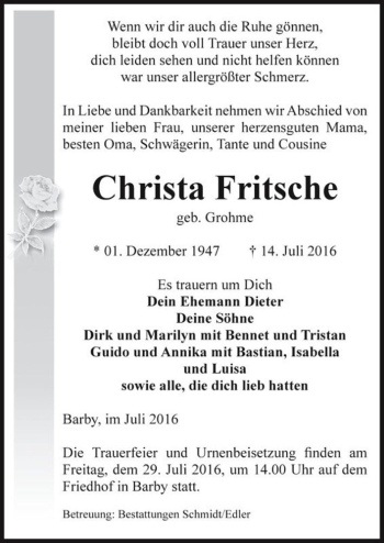 Traueranzeige von Christa Fritsche (geb. Grohme)  von Magdeburger Volksstimme