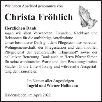 Traueranzeige von Christa Fröhlich  von Magdeburger Volksstimme