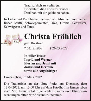 Traueranzeige von Christa Fröhlich (geb. Brestrich)  von Magdeburger Volksstimme