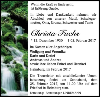 Traueranzeige von Christa Fuchs  von Magdeburger Volksstimme