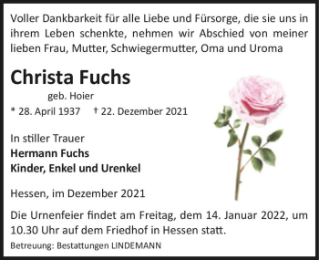 Traueranzeige von Christa Fuchs (geb. Hoier)  von Magdeburger Volksstimme