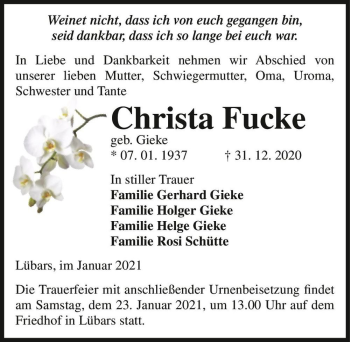 Traueranzeige von Christa Fucke (geb. Gieke)  von Magdeburger Volksstimme