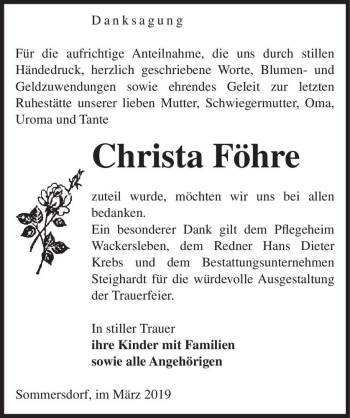 Traueranzeige von Christa Föhre  von Magdeburger Volksstimme