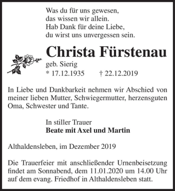 Traueranzeige von Christa Fürstenau (geb. Sierig)  von Magdeburger Volksstimme