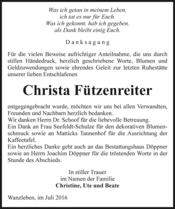 Traueranzeige von Christa Fützenreiter  von Magdeburger Volksstimme