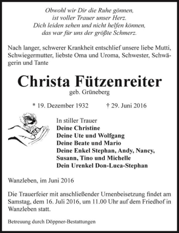 Traueranzeige von Christa Fützenreiter (geb. Grüneberg)  von Magdeburger Volksstimme