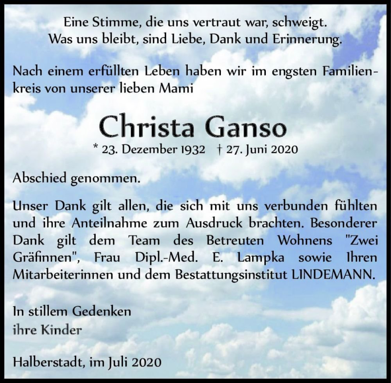  Traueranzeige für Christa Ganso  vom 18.07.2020 aus Magdeburger Volksstimme