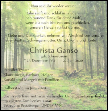 Traueranzeige von Christa Ganso (geb. Schönebaum)  von Magdeburger Volksstimme