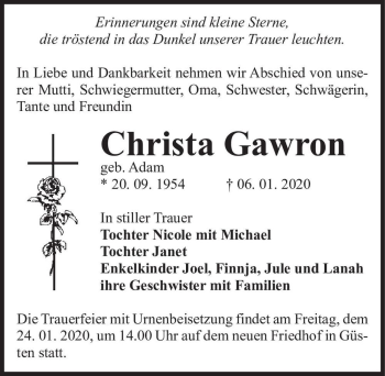 Traueranzeige von Christa Gawron (geb. Adam)  von Magdeburger Volksstimme