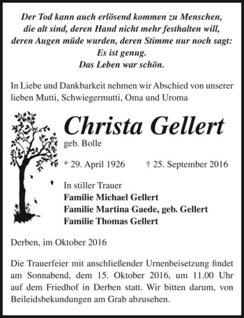 Traueranzeige von Christa Gellert (geb. Bolle)  von Magdeburger Volksstimme