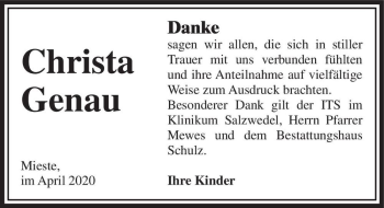 Traueranzeige von Christa Genau  von Magdeburger Volksstimme