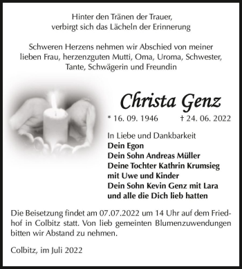 Traueranzeige von Christa Genz  von Magdeburger Volksstimme