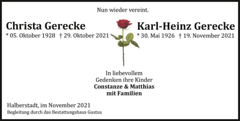  Traueranzeige für Christa Gerecke und Karl-Heinz Gerecke  vom 27.11.2021 aus Magdeburger Volksstimme