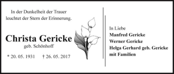 Traueranzeige von Christa Gericke (geb. Schönhoff)  von Magdeburger Volksstimme