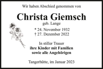 Traueranzeige von Christa Giemsch (geb. Lange)  von Magdeburger Volksstimme