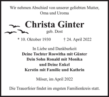 Traueranzeige von Christa Ginter (geb. Dost)  von Magdeburger Volksstimme