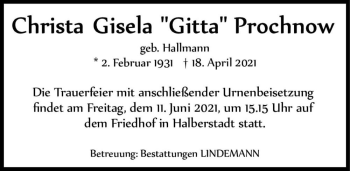 Traueranzeige von Christa Gisela 