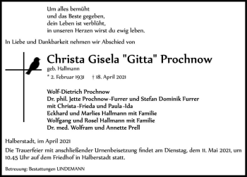 Traueranzeige von Christa Gisela Prochnow (geb. Hallmann)  von Magdeburger Volksstimme
