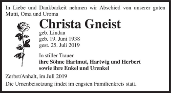 Traueranzeige von Christa Gneist (geb. Lindau)  von Magdeburger Volksstimme