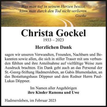 Traueranzeige von Christa Gockel  von Magdeburger Volksstimme