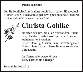 Traueranzeige von Christa Gohlke  von Magdeburger Volksstimme